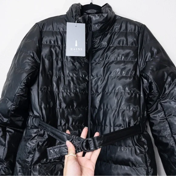NWT RAINS Trekker W Coat XS/S Shiny Black Insulated Belted Waterproof Long - Picture 6 of 13
